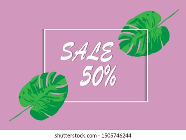 50% sale banner with leaves. Can be used for shopping sale, banner, invitation, website or greeting card. Vector illustration.