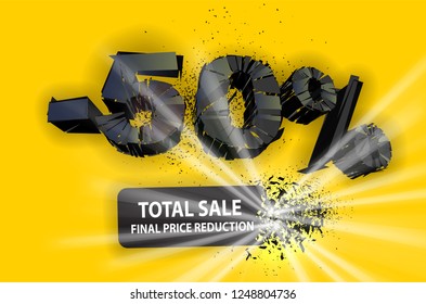 50% sale black sign with exploding plate. Vector illustration. Yellow background