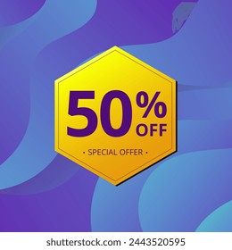 50% Sale and Discount Label. Fifty percent Sale Discount label Geometric design. Abstract Blue and Yellow Hexagon. Vector illustration.