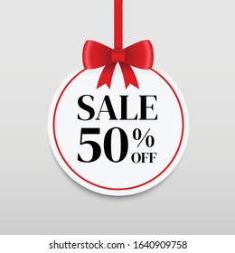 50%  sale discount vector banner with  red ribbon,for use to your business website or shop isolated on white background.