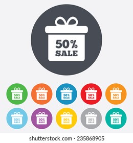 50% sale gift box tag sign icon. Discount symbol. Special offer label. Round colourful 11 buttons. Vector