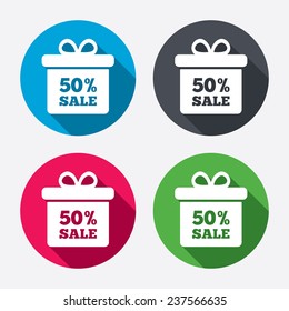 50% sale gift box tag sign icon. Discount symbol. Special offer label. Circle buttons with long shadow. 4 icons set. Vector