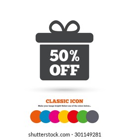 50% sale gift box tag sign icon. Discount symbol. Special offer label. Classic flat icon. Colored circles. Vector