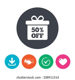 50% sale gift box tag sign icon. Discount symbol. Special offer label. Download arrow, handshake, tick and heart. Flat circle buttons.