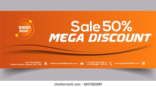 50% Sale mega discount facebook cover in orange color with shop now button. 50% sale discount cover in orange color in social media dimesnion