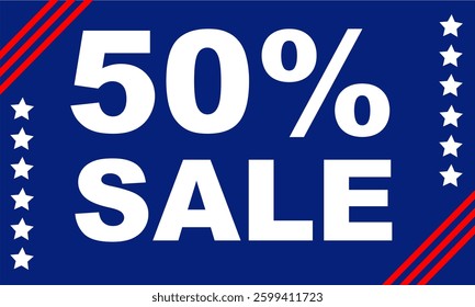 50% Sale off printable tag. USA independence sale template banner for business blue background.