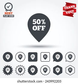 50% sale pointer tag sign icon. Discount symbol. Special offer label. Circle, star, speech bubble and square buttons. Award medal with check mark. Thank you. Vector