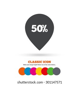 50% sale pointer tag sign icon. Discount symbol. Special offer label. Classic flat icon. Colored circles. Vector