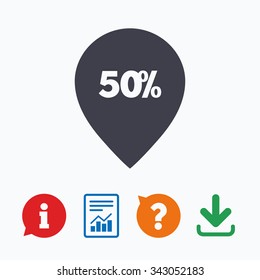 50% sale pointer tag sign icon. Discount symbol. Special offer label. Information think bubble, question mark, download and report.
