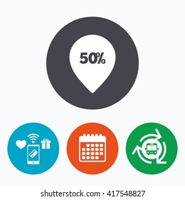 50% sale pointer tag sign icon. Discount symbol. Special offer label. Mobile payments, calendar and wifi icons. Bus shuttle.