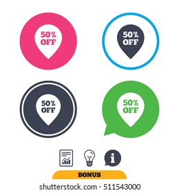 50% sale pointer tag sign icon. Discount symbol. Special offer label. Report document, information sign and light bulb icons. Vector