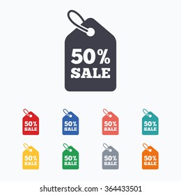 50% sale price tag sign icon. Discount symbol. Special offer label. Colored flat icons on white background.