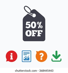 50% sale price tag sign icon. Discount symbol. Special offer label. Information think bubble, question mark, download and report.