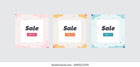 50% sale set in abstract geometric Memphis style. Discounts in blue, orange, pink colors. Banner, flyer, marketing mega discount, special offer. Vector eps 10.