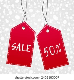 50% Sale shopping tag. Vector icon with snow pattern. Snowflake background. Illustration sign for winter season