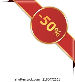 -50% SALE - vector illustration of red corner ribbon banner with gold colored frame on white background