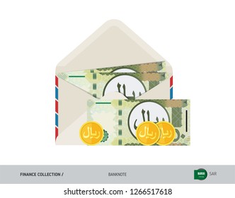 50 Saudi Arabia Riyal Banknote. Flat style opened envelope with cash. Saudi Arabia Riyal banknotes and coins. Salary payout or corruption concept.