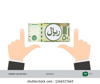 50 Saudi Arabia Riyal Banknote. Business hands measuring banknote. Flat style vector illustration. Business finance concept.