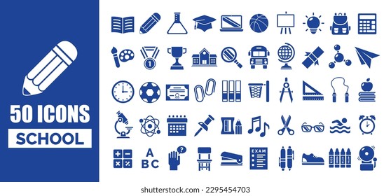 50 school icon set in flat design style