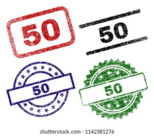 50 seal prints with distress texture. Black, green,red,blue vector rubber prints of 50 tag with scratched texture. Rubber seals with round, rectangle, medallion shapes.