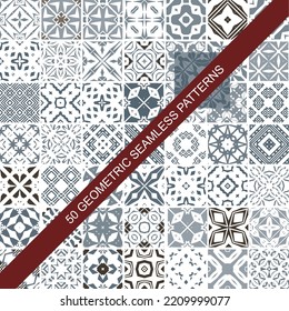 50 seamless patterns collection. Set of graphic vintage textures shapes.