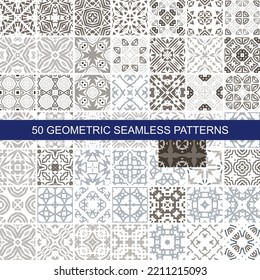 50 seamless patterns collection. Set of graphic vintage textures shapes. Colourful prints.