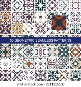 50 seamless patterns collection. Set of graphic vintage textures shapes. Colourful prints.