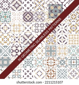 50 seamless patterns collection. Set of graphic vintage textures shapes. Colourful prints.