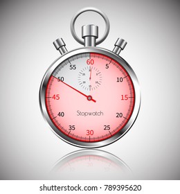 50 seconds. Silver realistic stopwatch with reflection. Vector.