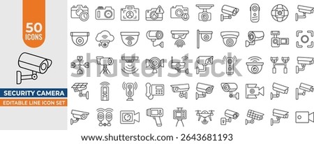 50 Security Camera and Surveillance Icons – Vector Line Set for CCTV, Monitoring and Protection. Editable Stroke. Vector illustration.