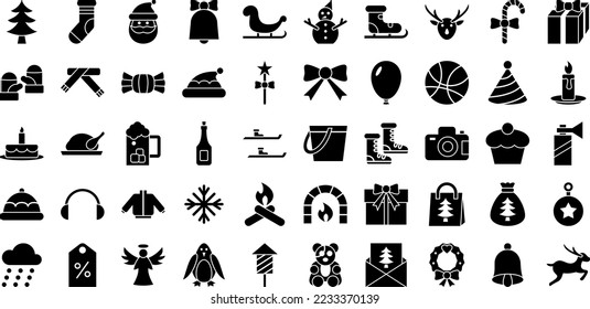 50 set of christmas icons in black on white background