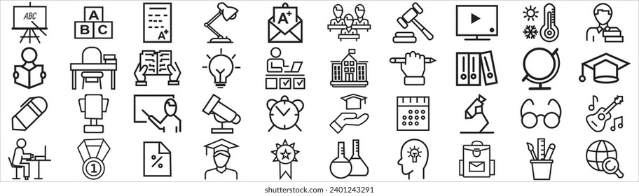 50 set of outline icons related to higher education, university. Linear icon collection. Editable stroke. Vector illustration