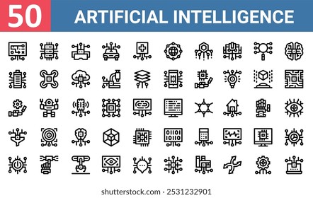 50 set of outline web artificial intelligence icons such as database, virtual reality glasses, battery status, robot, filter, binary, power button vector thin icons for report, presentation,
