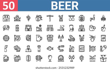 50 set of outline web beer icons such as bar, shrimp, live music, bottle cap, bottle opener, beer, beer vector thin icons for report, presentation, diagram, web design, mobile app