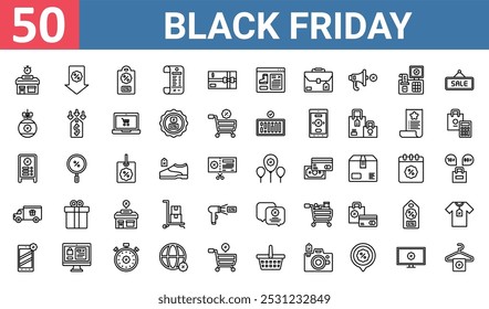 50 set of outline web black friday icons such as arrow down, price tag, bauble, sale, truck, chat box, smartphone vector thin icons for report, presentation, diagram, web design, mobile app