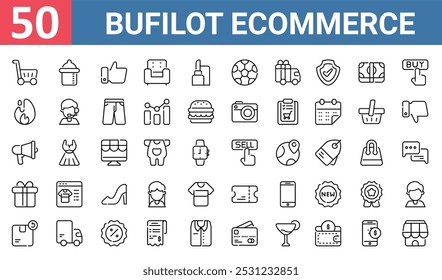 50 set of outline web bufilot ecommerce icons such as baby bottle, good feedback, hot sale, megaphone, gift box, ticket, return box vector thin icons for report, presentation, diagram, web design,