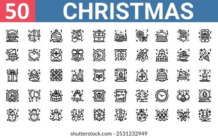 50 conjunto de iconos de la Navidad del Web del contorno tales como caramelo, chuchería, Papá Noel, regalo, corona de Navidad, nota musical, Vector del muñeco de nieve delgados iconos para el informe, presentación, diagrama, Diseño web, App móvil