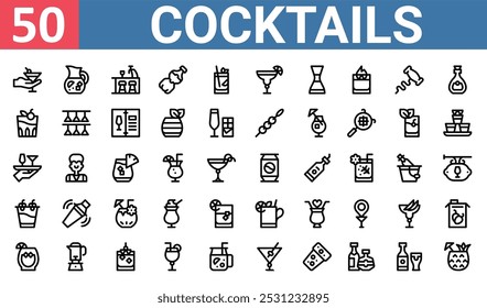 50 conjunto de iconos de cócteles de Web de contorno como sangría, bar, cóctel, cóctel, cóctel, Vector delgados iconos para informe, presentación, diagrama, Diseño web, App móvil