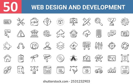 50 conjunto de esboço web design e ícones de desenvolvimento, tais como coisas, pasta, chave, quebra-cabeça, homepage, estilo de fonte, cadeia vetor ícones finos para relatório, apresentação, diagrama, web design, aplicativo móvel