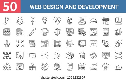 50 set of outline web web design and development icons such as bugs, pen tool, square calendar, ship anchor, sitemap, ds, sitemap vector thin icons for report, presentation, diagram, web design,