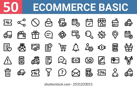 50 set of outline web ecommerce basic icons such as share, banned, delivery van, wishlist, alert, cash, delete vector thin icons for report, presentation, diagram, web design, mobile app