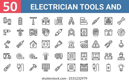 50 set of outline web electrician tools and icons such as battery, street lamp, drill, table lamp, truck, socket, cutter vector thin icons for report, presentation, diagram, web design, mobile app