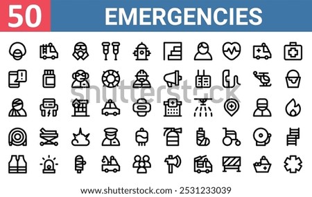50 set of outline web emergencies icons such as fire truck, gas mask, emergency, ill, water hose, fire extinguisher, life jacket vector thin icons for report, presentation, diagram, web design,