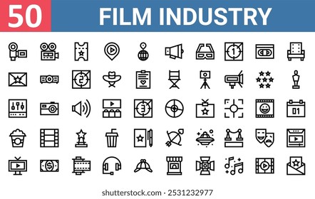 50 set of outline web film industry icons such as videocamera, ticket, invitation, music equalizer, popcorn, arrow, tv vector thin icons for report, presentation, diagram, web design, mobile app