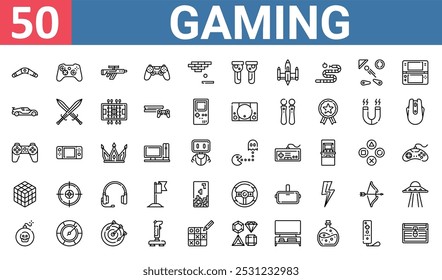 50 conjunto de iconos de juego de Web de contorno como gamepad, juego, deportivo, gamepad, ?s cubo, volante, Vector de bomba iconos delgados para informe, presentación, diagrama, Diseño web, App móvil