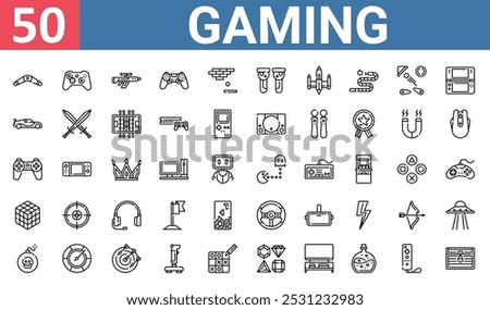 50 set of outline web gaming icons such as gamepad, game, sportcar, gamepad, ?s cube, steering wheel, bomb vector thin icons for report, presentation, diagram, web design, mobile app