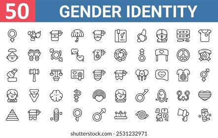 50 conjunto de delinear ícones de identidade de gênero da web como amor, bissexual, mente aberta, batom, ftm, mtf, gênero vetor ícones finos para relatório, apresentação, diagrama, web design, aplicativo móvel