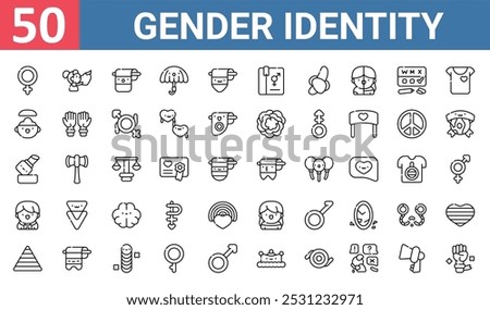 50 set of outline web gender identity icons such as love, bisexual, open mind, lipstick, ftm, mtf, gender vector thin icons for report, presentation, diagram, web design, mobile app