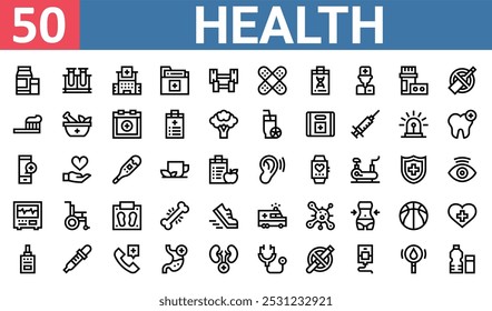 50 Satz von Umriss Web-Gesundheit Symbole wie Reagenzgläser, Krankenhaus, Zahnbürste, Smartphone, Elektrokardiogramm, Krankenwagen, Diabetes Test Vektor dünne Symbole für Bericht, Präsentation, Diagramm, Web-Design,