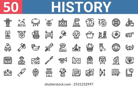 50 set of outline web history icons such as cave, necklace, armour, helmet, treasure, map, crown vector thin icons for report, presentation, diagram, web design, mobile app